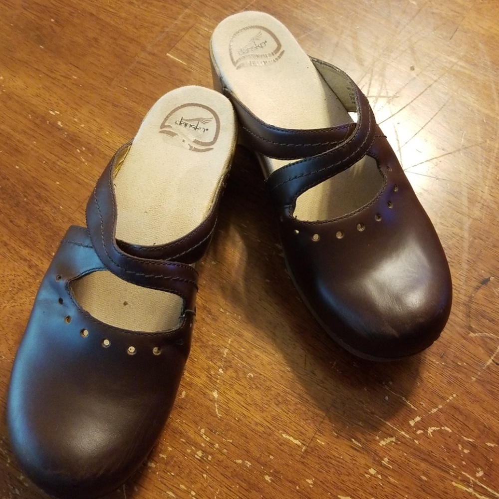 Brown leather slip on Dansko clogs